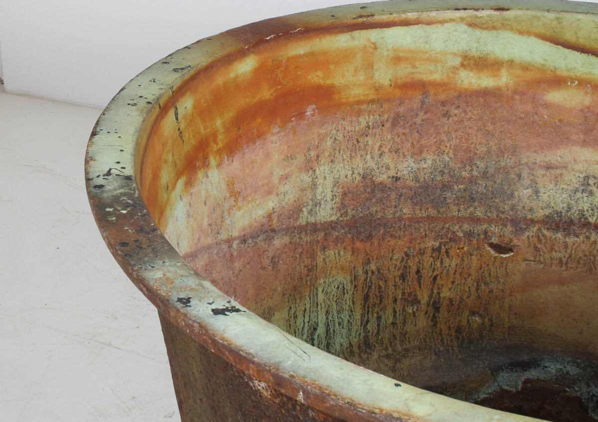 A Large-Scale 4ft Antique Cast Iron Cauldron Planter Pot with Enamelled Verdigris Patina - Image 14