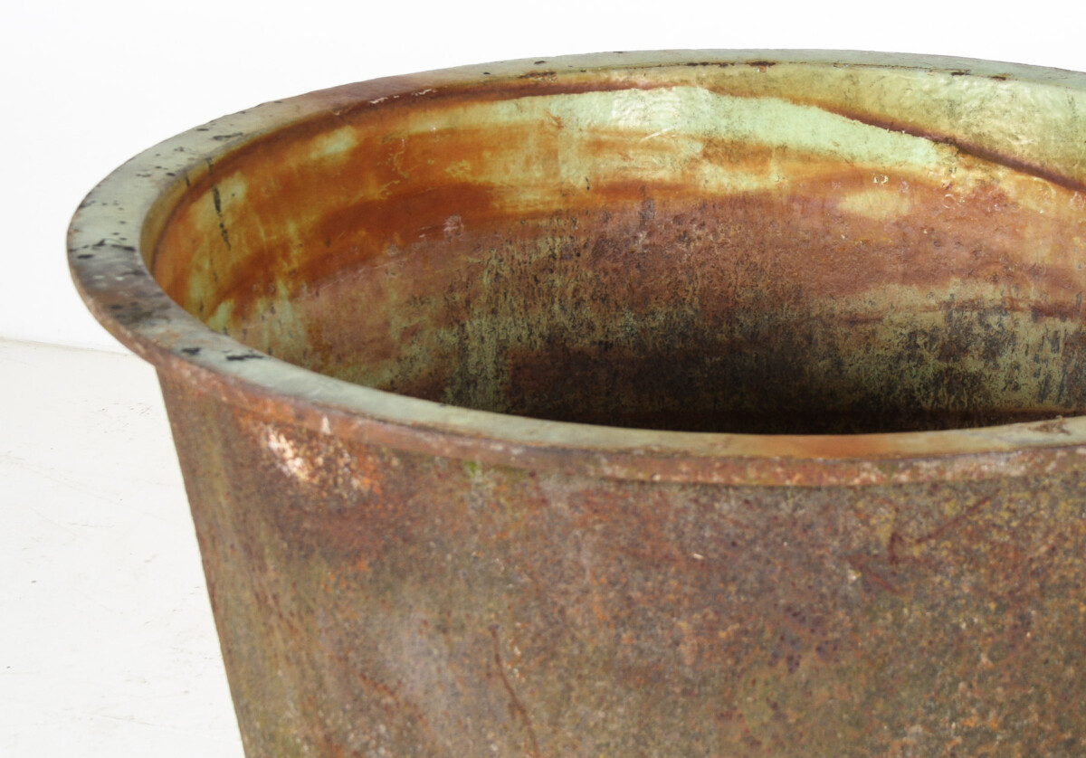 A Large-Scale 4ft Antique Cast Iron Cauldron Planter Pot with Enamelled Verdigris Patina - Image 11