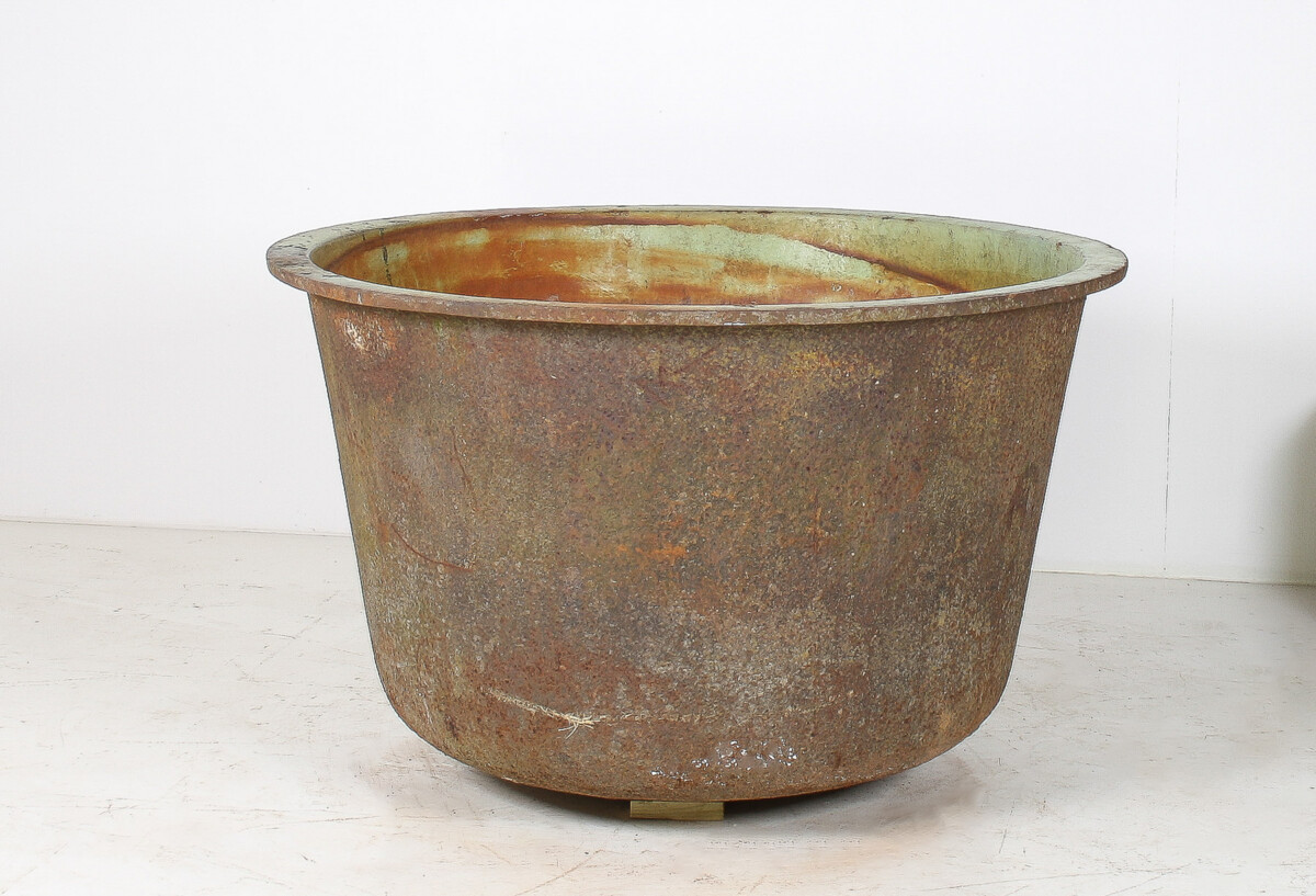 A Large-Scale 4ft Antique Cast Iron Cauldron Planter Pot with Enamelled Verdigris Patina