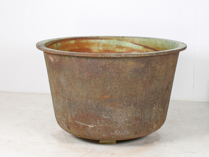 A Large-Scale 4ft Antique Cast Iron Cauldron Planter Pot with Enamelled Verdigris Patina
