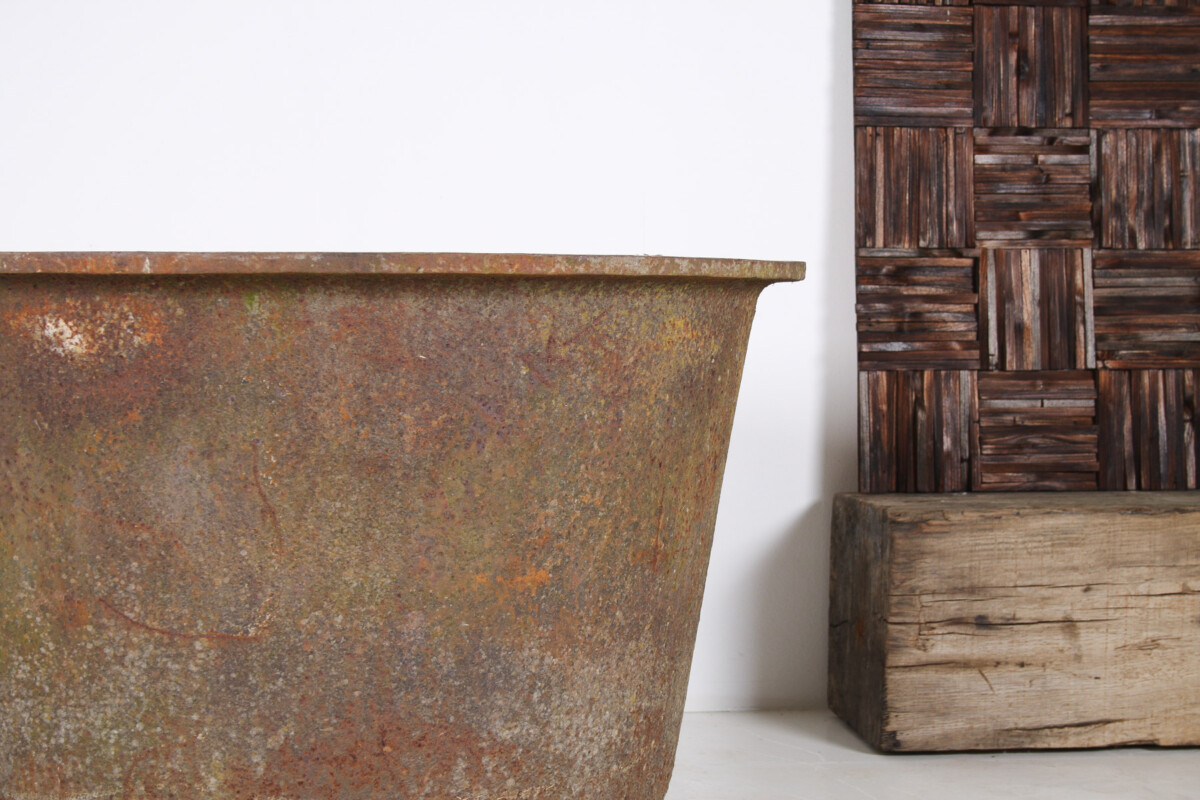 A Large-Scale 4ft Antique Cast Iron Cauldron Planter Pot with Enamelled Verdigris Patina - Image 6