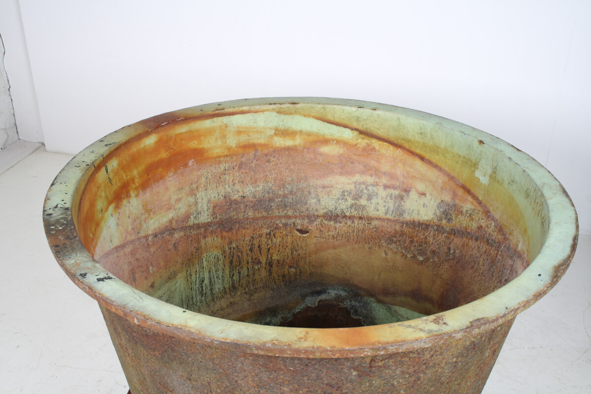 A Large-Scale 4ft Antique Cast Iron Cauldron Planter Pot with Enamelled Verdigris Patina - Image 8