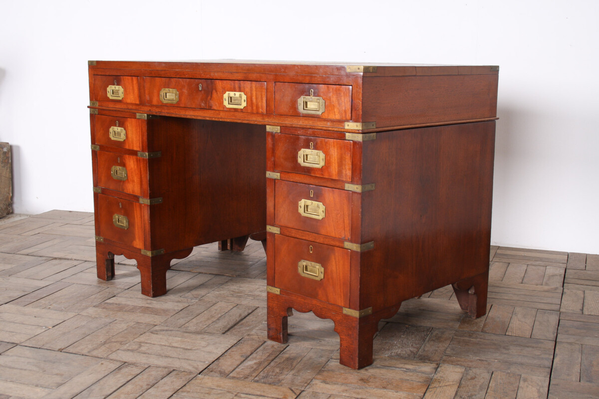 Original 19th-Century Antique British Campaign Desk Writing Table with Leather Top