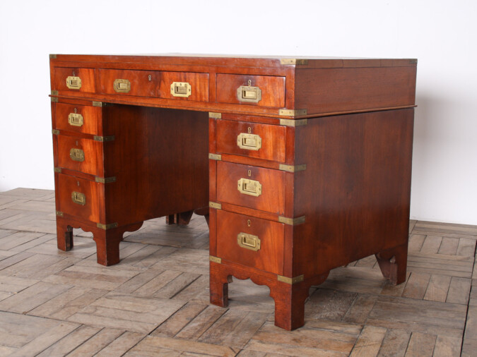 Original 19th-Century Antique British Campaign Desk Writing Table with Leather Top