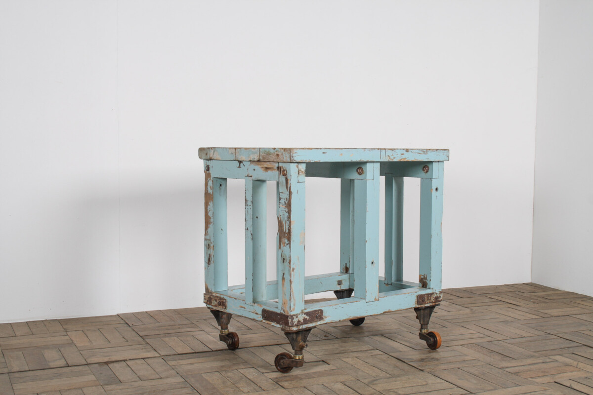 Small Rustic Patina Duck Egg Blue Industrial Bakery Worktop Table - Image 8