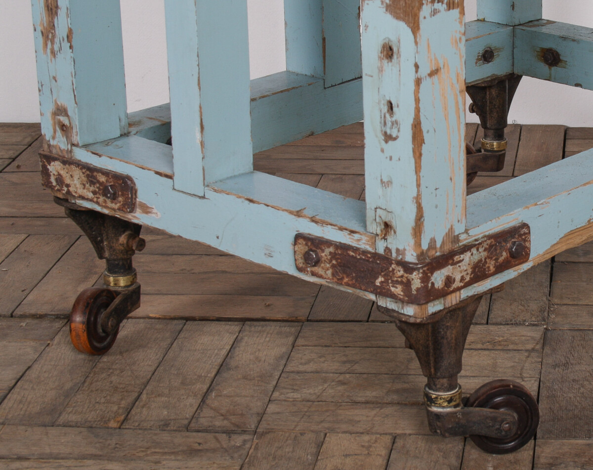 Small Rustic Patina Duck Egg Blue Industrial Bakery Worktop Table - Image 16