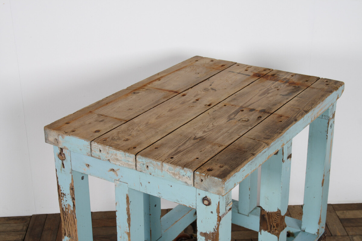 Small Rustic Patina Duck Egg Blue Industrial Bakery Worktop Table - Image 4