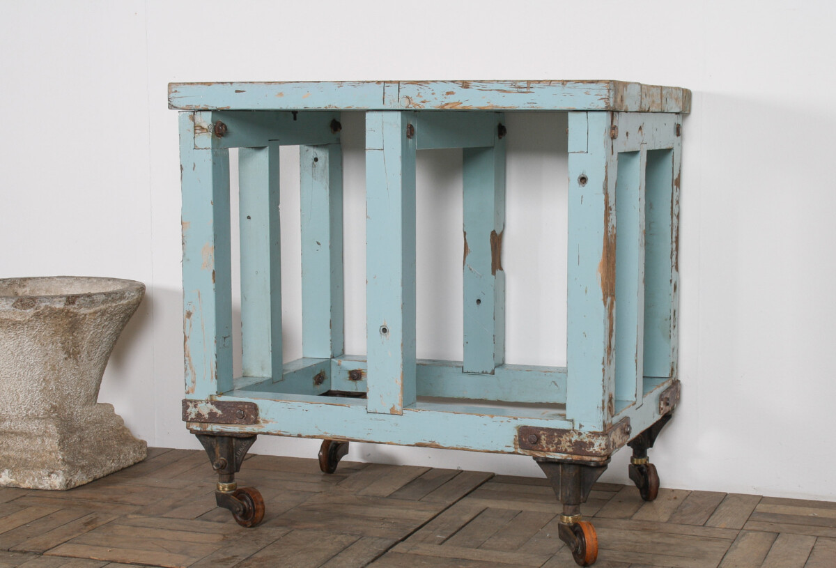 Small Rustic Patina Duck Egg Blue Industrial Bakery Worktop Table - Image 6