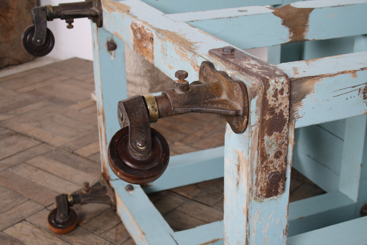 Small Rustic Patina Duck Egg Blue Industrial Bakery Worktop Table - Image 10