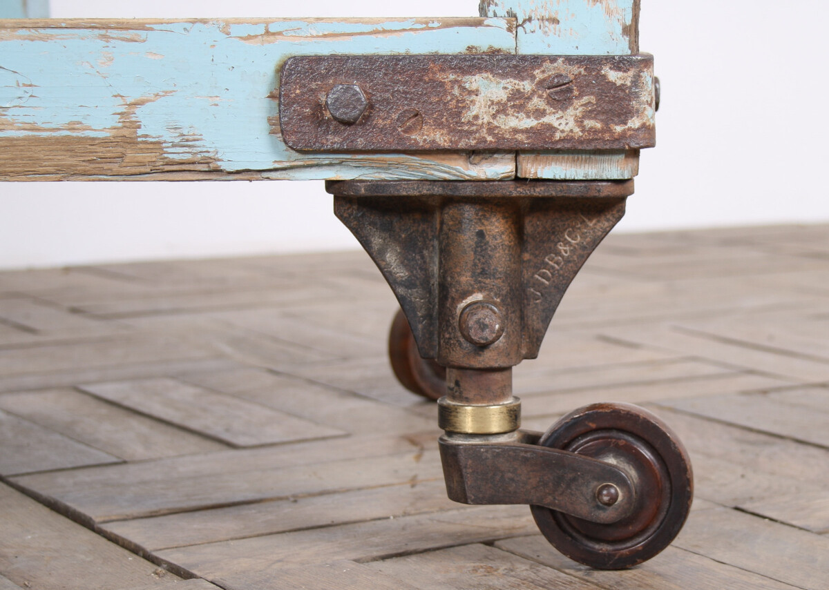 Small Rustic Patina Duck Egg Blue Industrial Bakery Worktop Table - Image 9