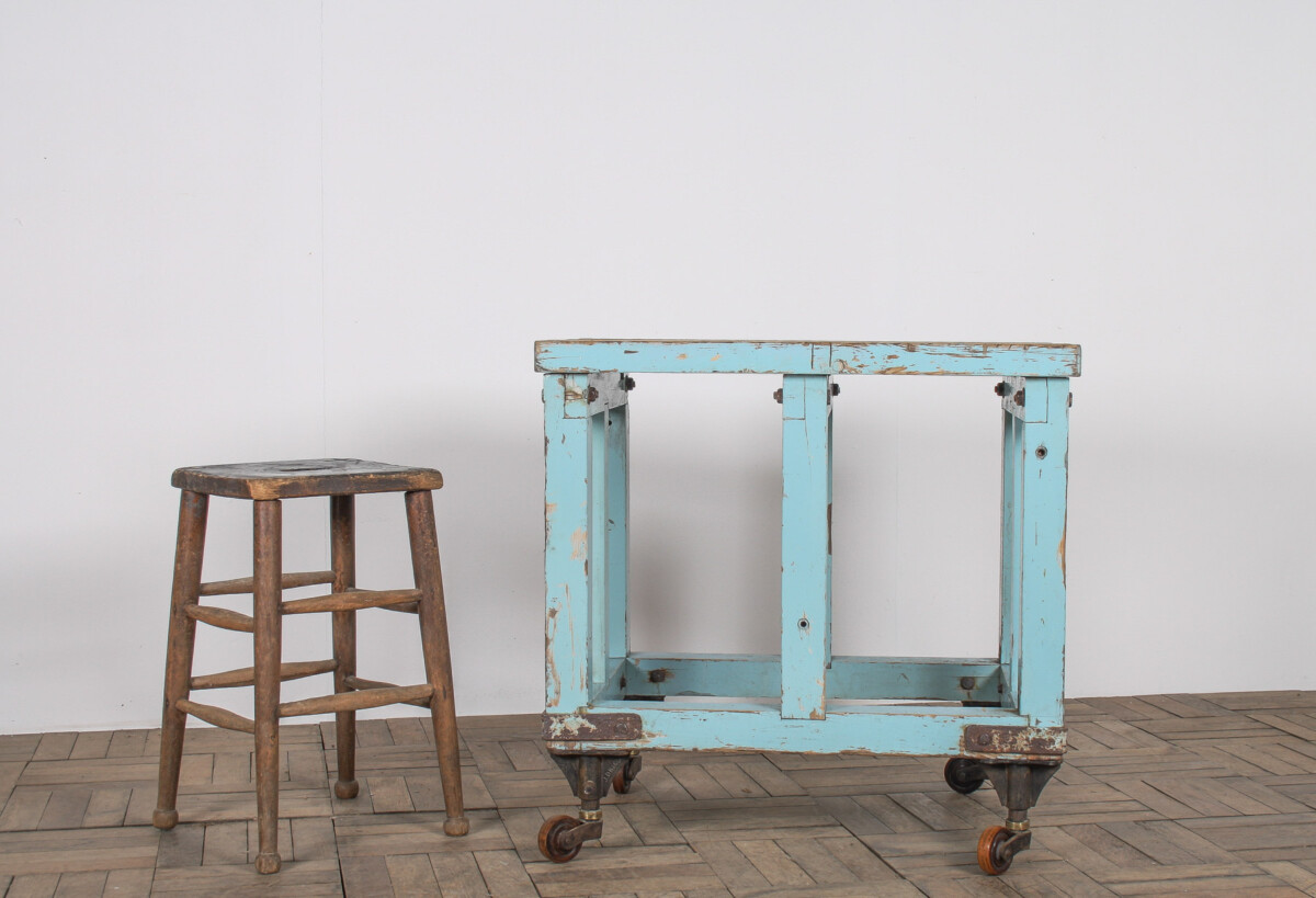 Small Rustic Patina Duck Egg Blue Industrial Bakery Worktop Table - Image 3