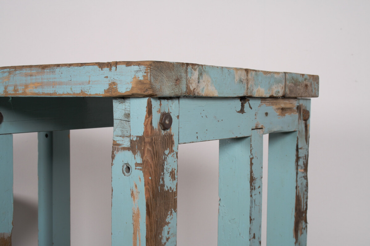 Small Rustic Patina Duck Egg Blue Industrial Bakery Worktop Table - Image 7