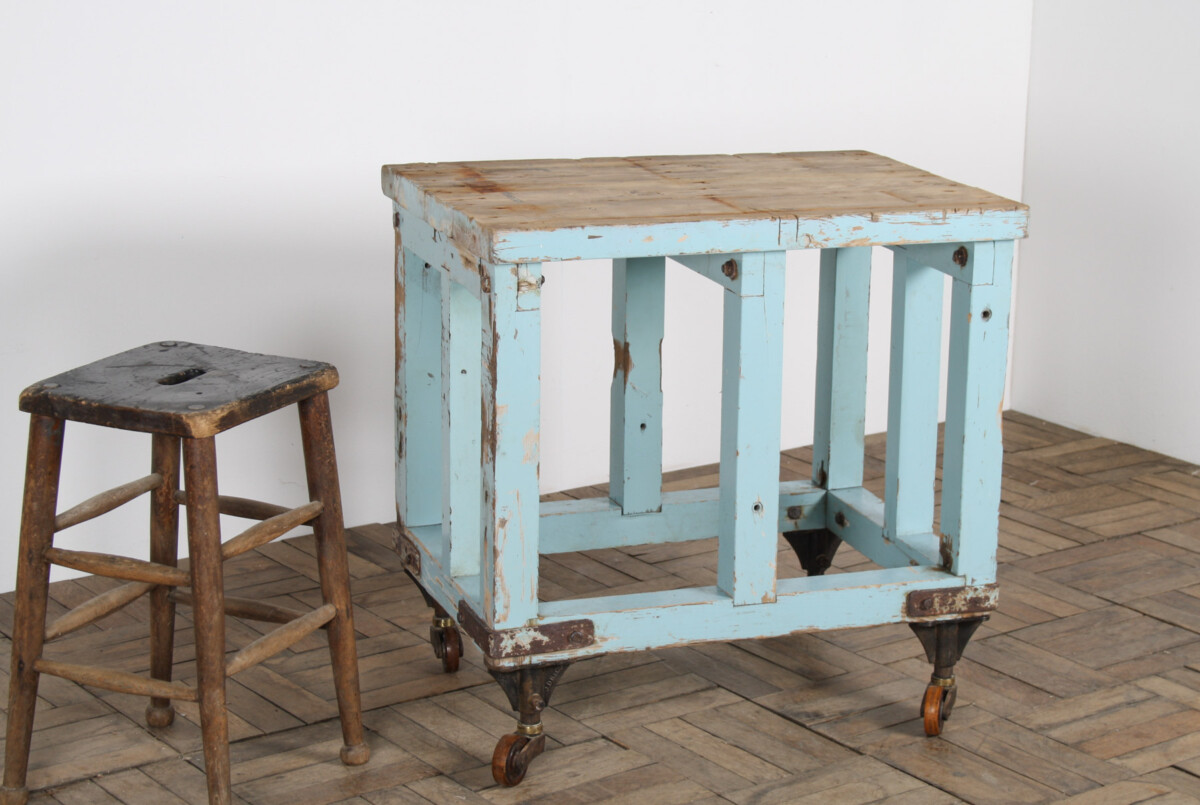Small Rustic Patina Duck Egg Blue Industrial Bakery Worktop Table - Image 2
