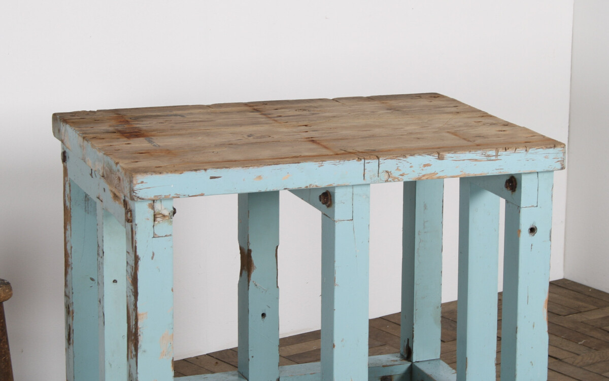 Small Rustic Patina Duck Egg Blue Industrial Bakery Worktop Table - Image 11