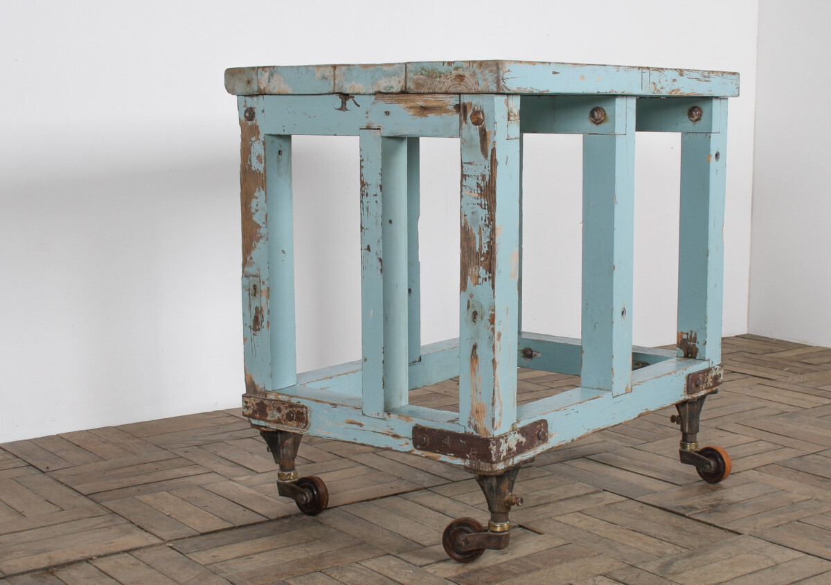 Small Rustic Patina Duck Egg Blue Industrial Bakery Worktop Table - Image 5