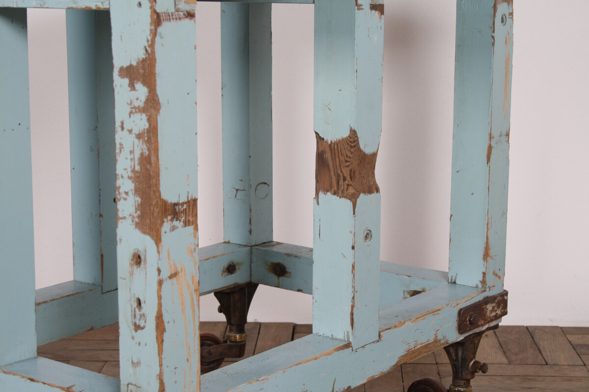 Small Rustic Patina Duck Egg Blue Industrial Bakery Worktop Table - Image 17