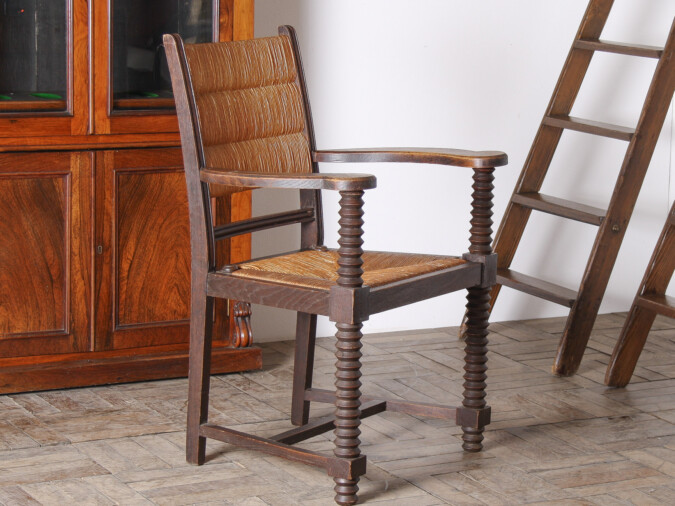 Oak Corkscrew 1950s Armchair with Straw Seat attributed to Charles Dudouyt