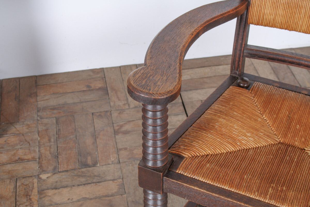 Oak Corkscrew 1950s Armchair with Straw Seat attributed to Charles Dudouyt - Image 6