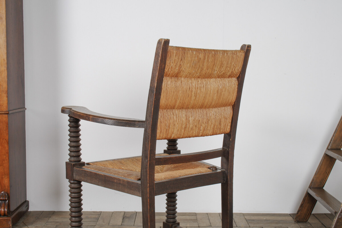 Oak Corkscrew 1950s Armchair with Straw Seat attributed to Charles Dudouyt - Image 4