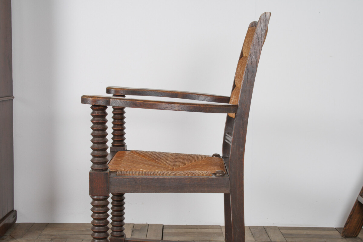 Oak Corkscrew 1950s Armchair with Straw Seat attributed to Charles Dudouyt - Image 13