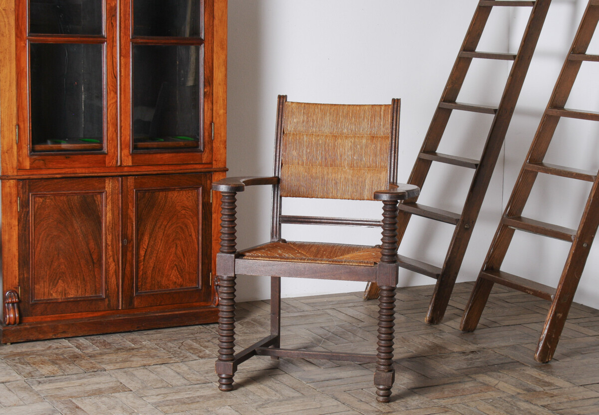 Oak Corkscrew 1950s Armchair with Straw Seat attributed to Charles Dudouyt - Image 3