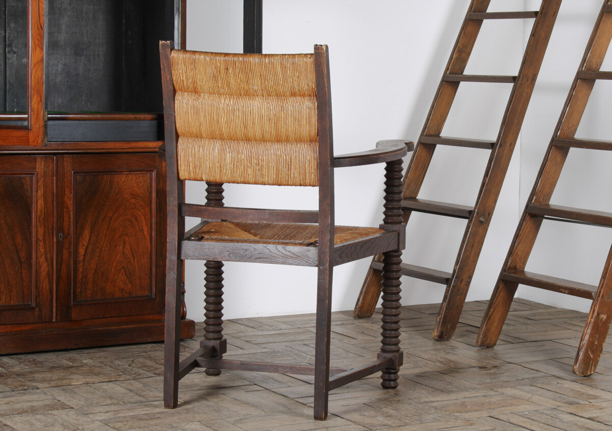 Oak Corkscrew 1950s Armchair with Straw Seat attributed to Charles Dudouyt - Image 11