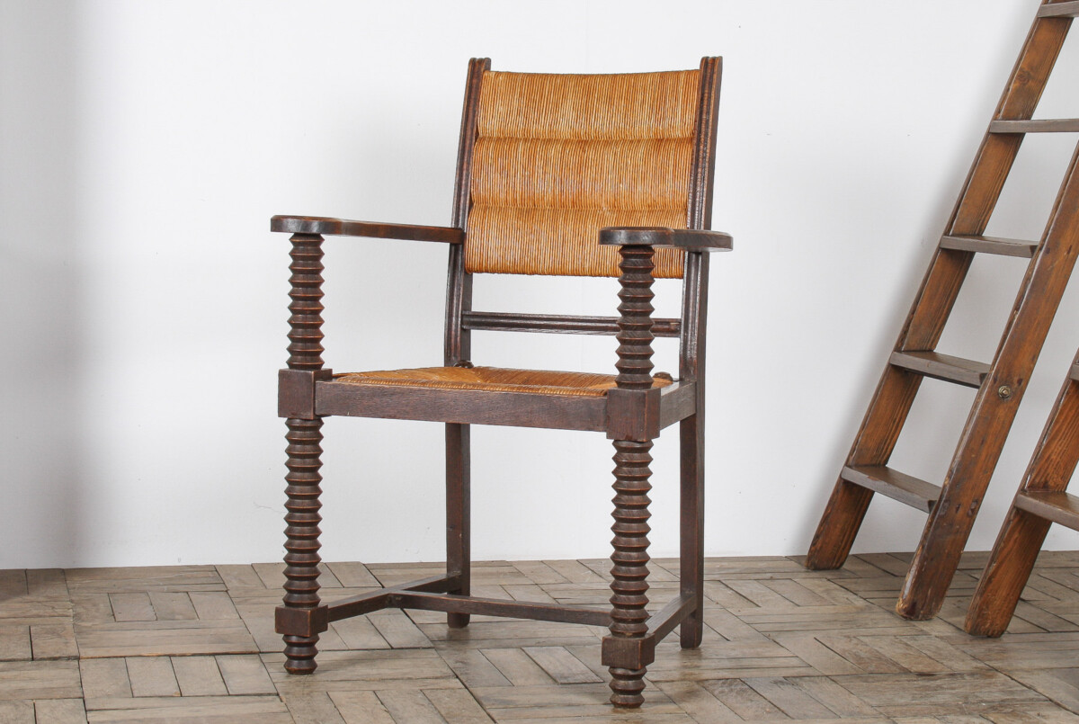 Oak Corkscrew 1950s Armchair with Straw Seat attributed to Charles Dudouyt - Image 10
