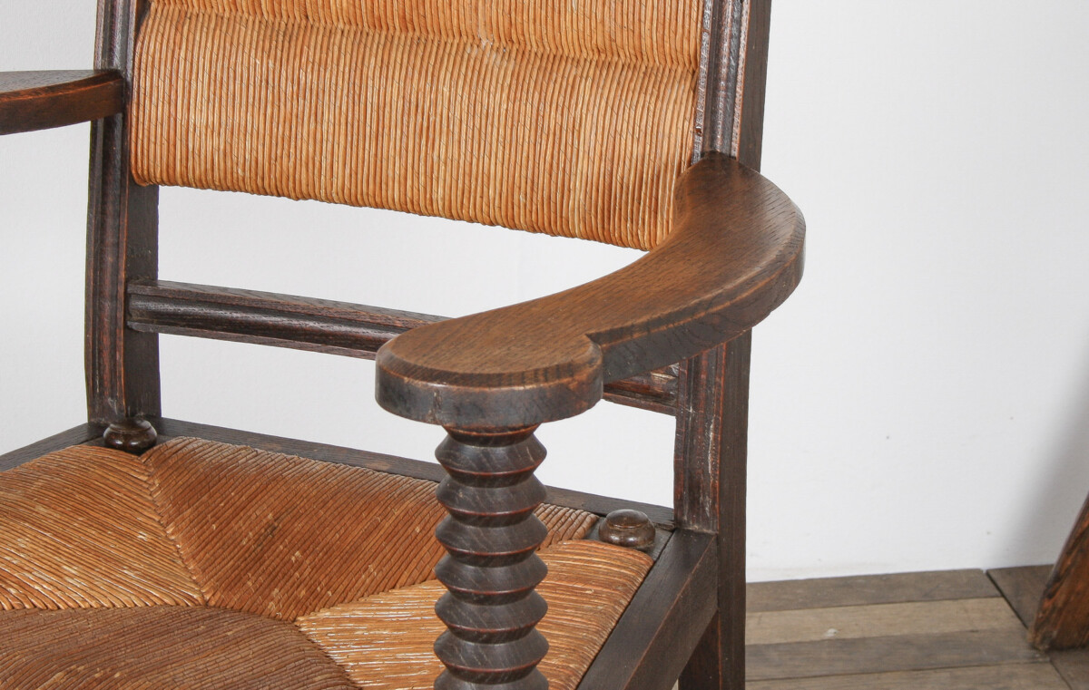 Oak Corkscrew 1950s Armchair with Straw Seat attributed to Charles Dudouyt - Image 9