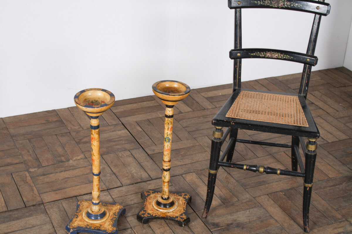 Decorative Pair of Hand Painted Candle Sticks Floral Table Shelf Art Display