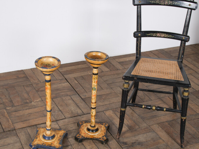 Decorative Pair of Hand Painted Candle Sticks Floral Table Shelf Art Display