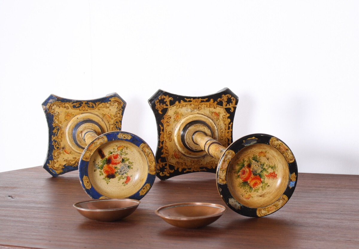 Decorative Pair of Hand Painted Candle Sticks Floral Table Shelf Art Display - Image 2