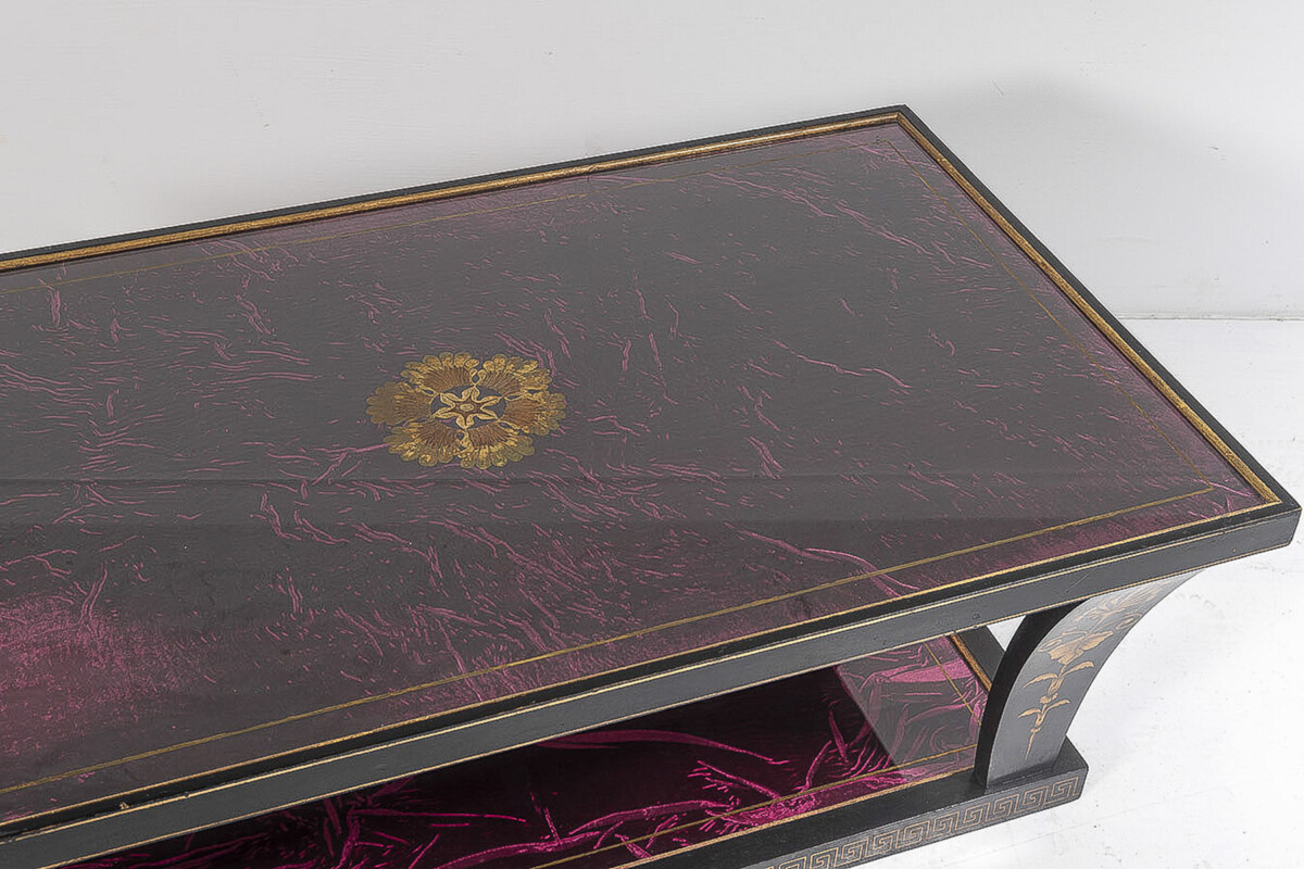 Vintage Italian Glass Top Coffee Table Ebonised Gilt with Crushed Velvet Versace Cloth - Image 13