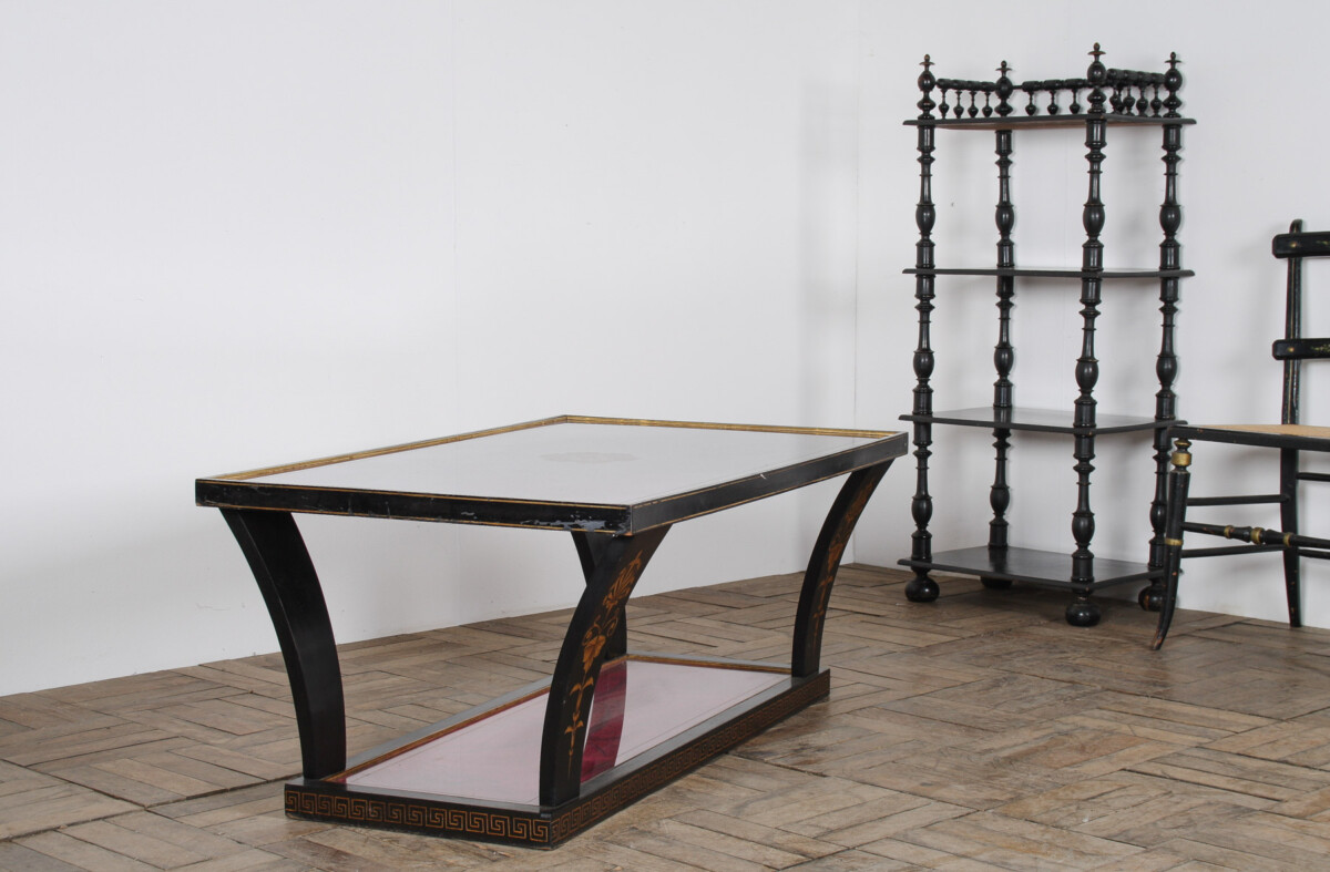 Vintage Italian Glass Top Coffee Table Ebonised Gilt with Crushed Velvet Versace Cloth - Image 2