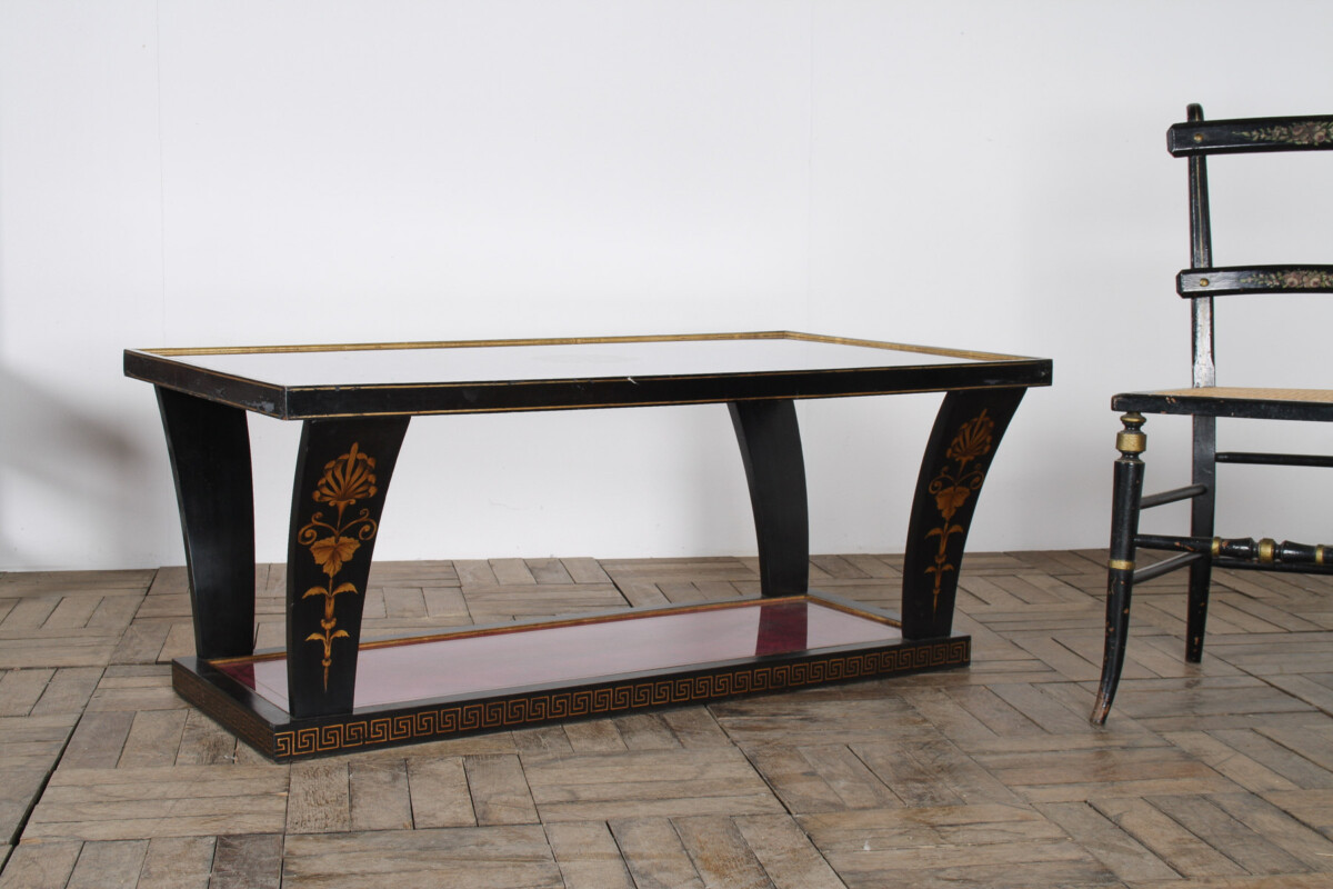 Vintage Italian Glass Top Coffee Table Ebonised Gilt with Crushed Velvet Versace Cloth - Image 3