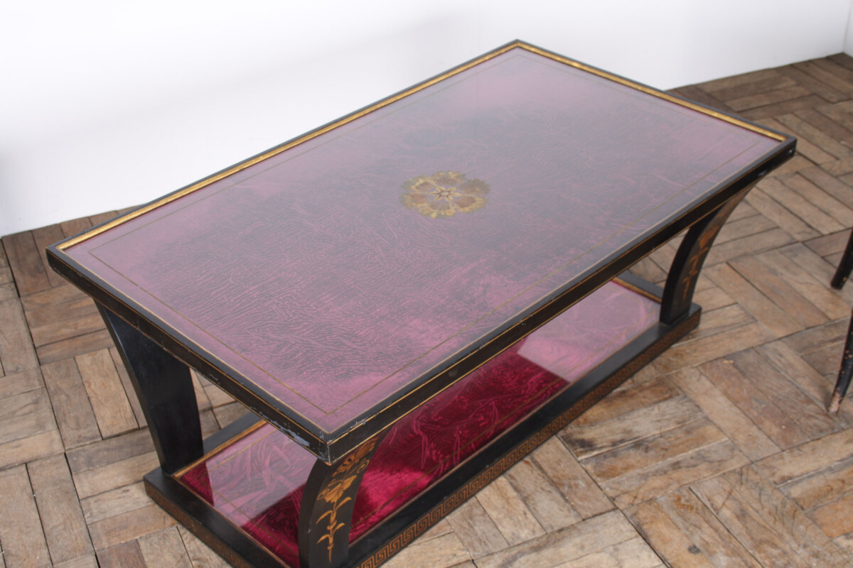 Vintage Italian Glass Top Coffee Table Ebonised Gilt with Crushed Velvet Versace Cloth