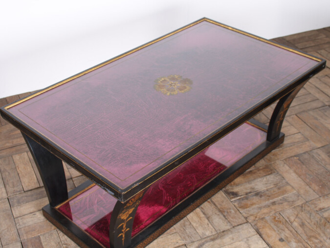 Vintage Italian Glass Top Coffee Table Ebonised Gilt with Crushed Velvet Versace Cloth