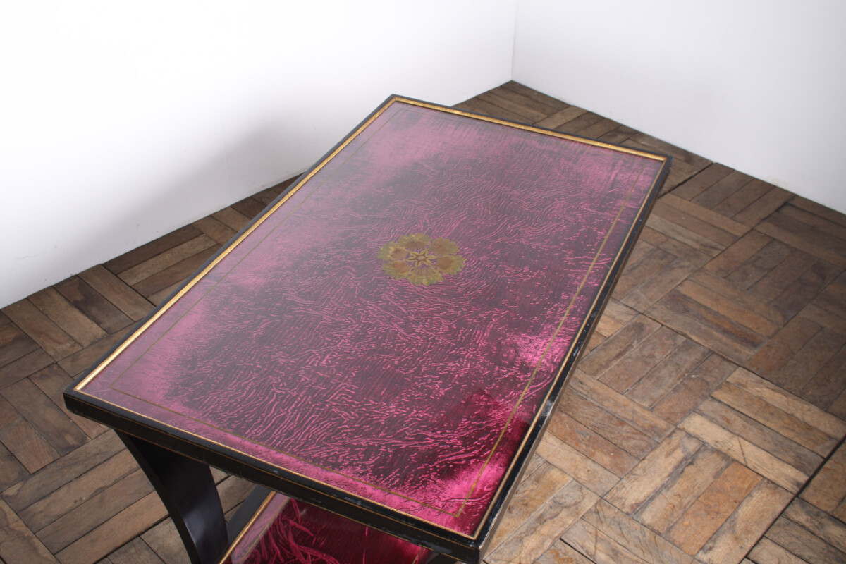 Vintage Italian Glass Top Coffee Table Ebonised Gilt with Crushed Velvet Versace Cloth - Image 4