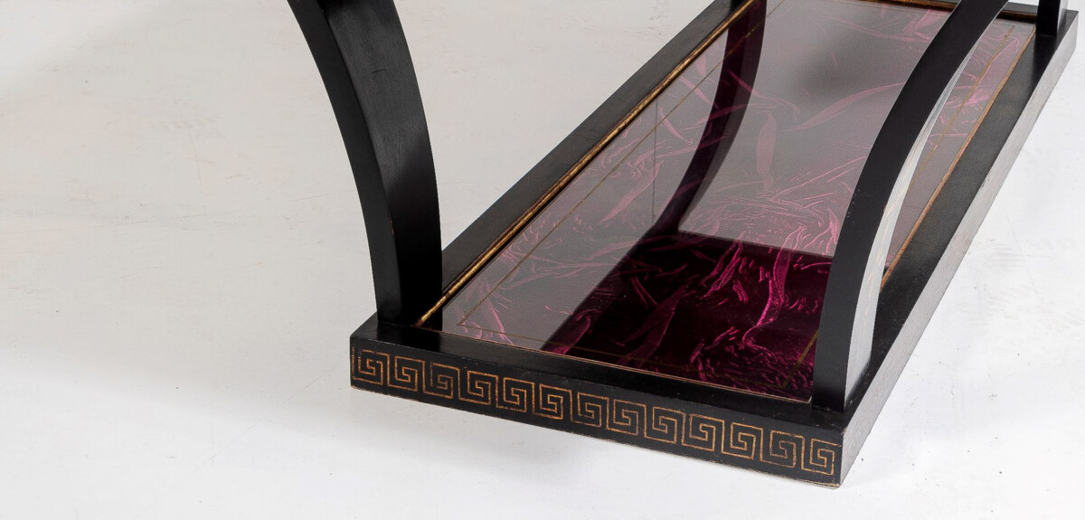 Vintage Italian Glass Top Coffee Table Ebonised Gilt with Crushed Velvet Versace Cloth - Image 12