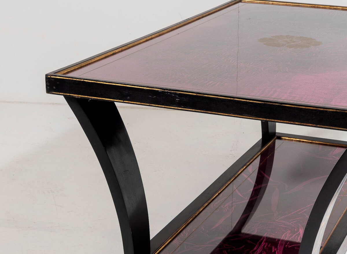 Vintage Italian Glass Top Coffee Table Ebonised Gilt with Crushed Velvet Versace Cloth - Image 11