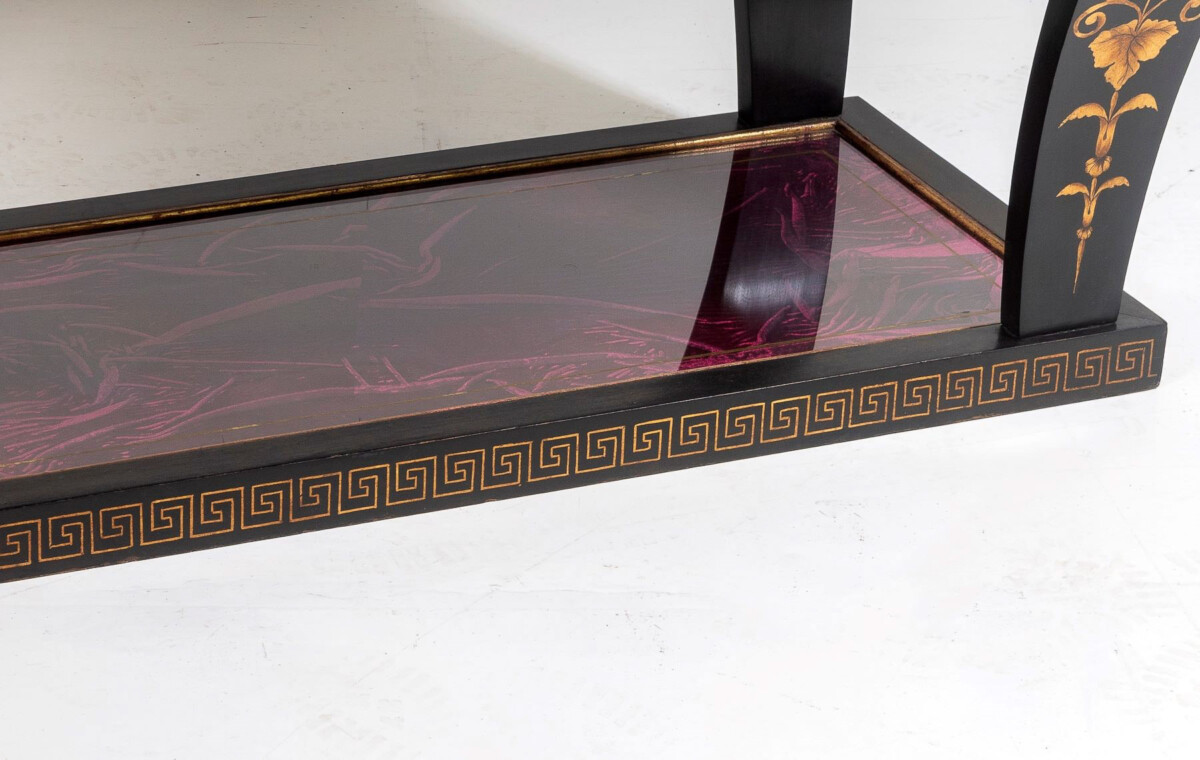 Vintage Italian Glass Top Coffee Table Ebonised Gilt with Crushed Velvet Versace Cloth - Image 9
