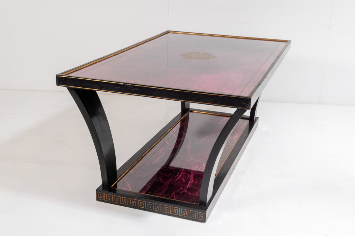 Vintage Italian Glass Top Coffee Table Ebonised Gilt with Crushed Velvet Versace Cloth - Image 6