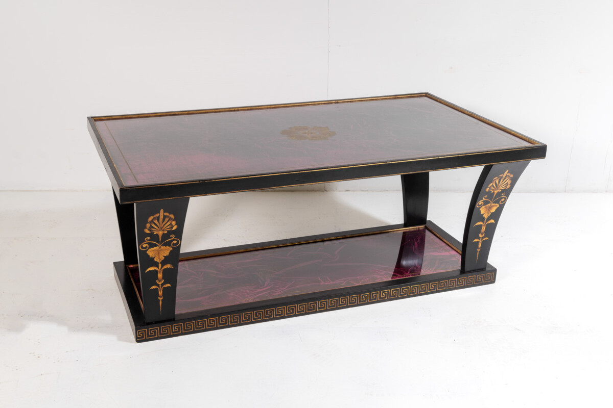 Vintage Italian Glass Top Coffee Table Ebonised Gilt with Crushed Velvet Versace Cloth - Image 5