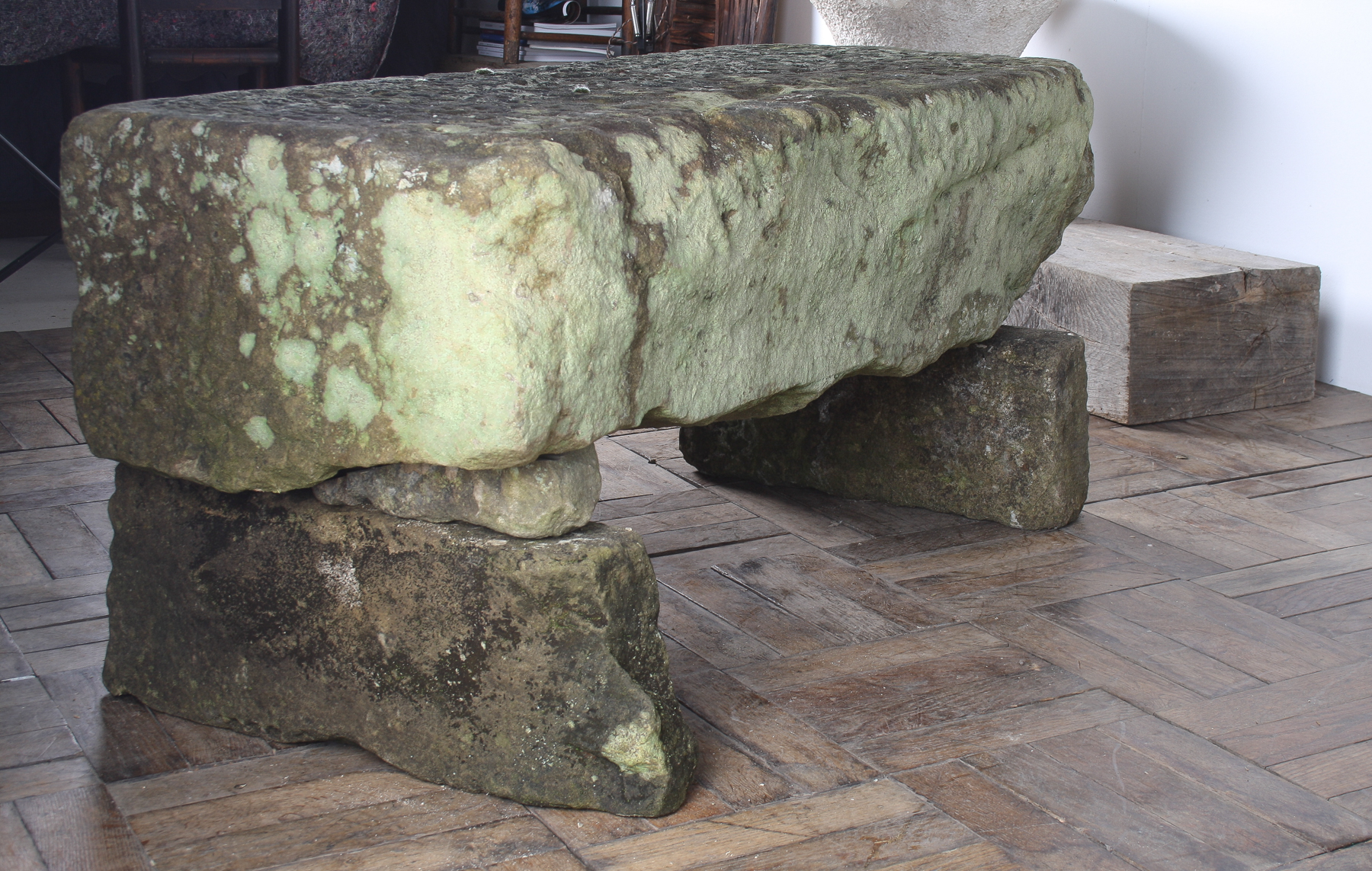 Reclaimed Carved Stone Sandstone Garden Bench Seat with Weathered Patina - Image 18