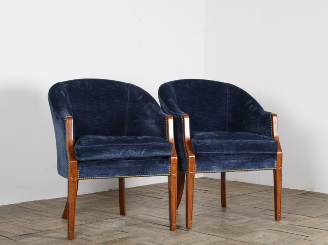 A Pair of Arthur Brett Tub Chairs in Navy Blue 1980s - Fine English Furniture