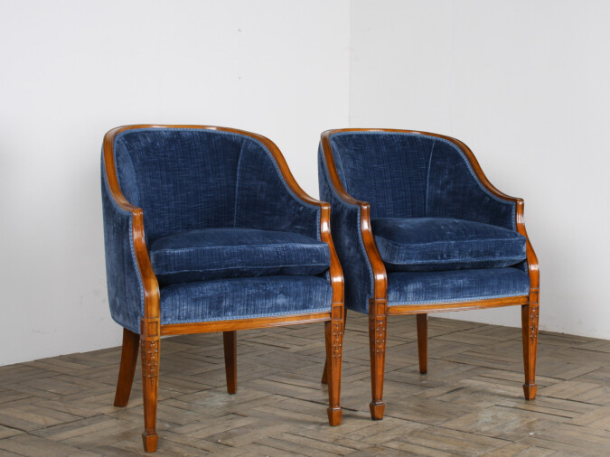 A Exquisite Pair of Tub Chairs in Royal Blue by Fine Furniture Maker Arthur Brett