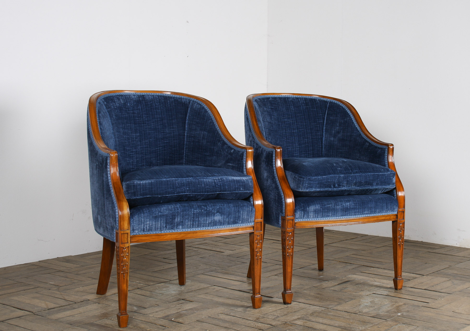A Exquisite Pair of Tub Chairs in Royal Blue by Fine Furniture Maker Arthur Brett