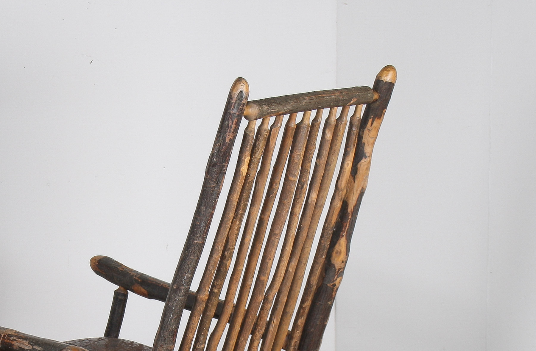 Antique American Stick Back Rocking Chair with Distressed Patina and Leather Seat - Image 2