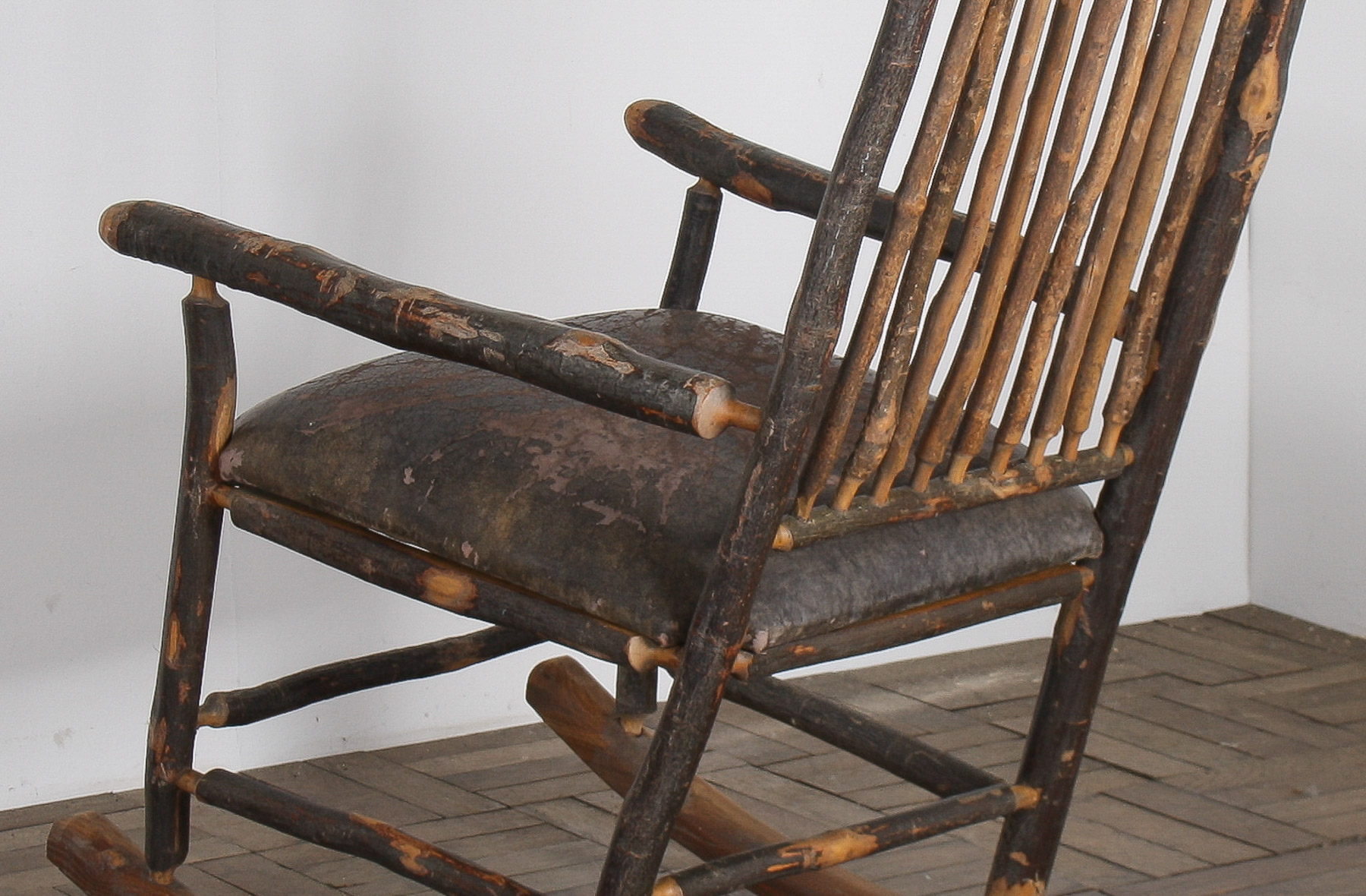 Antique American Stick Back Rocking Chair with Distressed Patina and Leather Seat - Image 10
