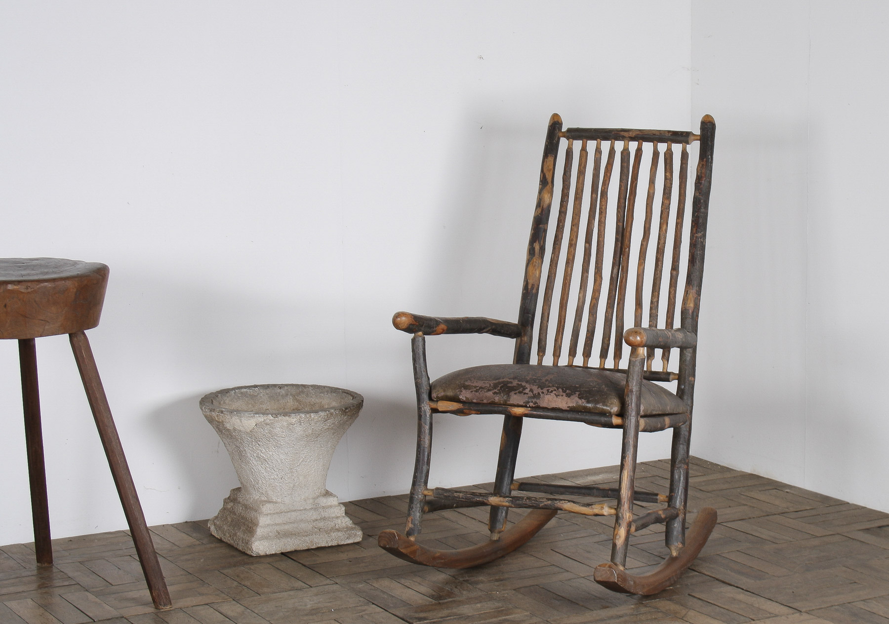 Antique American Stick Back Rocking Chair with Distressed Patina and Leather Seat - Image 9