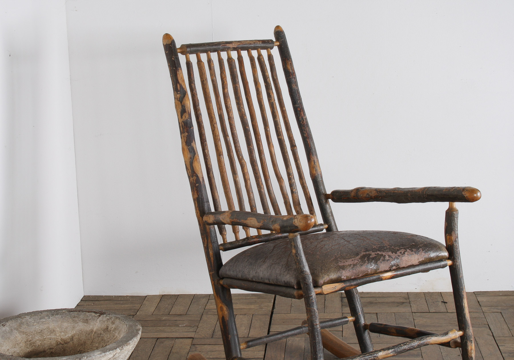 Antique American Stick Back Rocking Chair with Distressed Patina and Leather Seat - Image 8